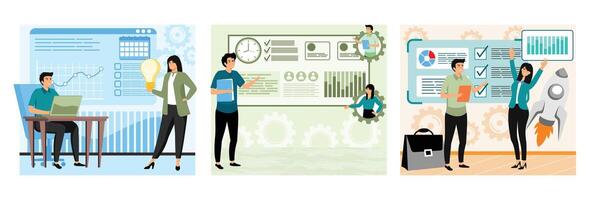 Business Team Collaboration. Data Analysis and Business Strategy. Business Success with Achieved Goals and Growth. Set flat modern illustration vector