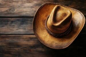 A rustic cowboy hat resting on a wooden surface, showcasing its texture and craftsmanship. photo