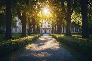 A serene pathway lined with trees leading to a sunlit building. photo