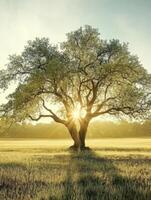 A majestic tree stands in a sunlit field, symbolizing nature's beauty and tranquility. photo