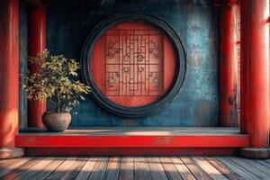 A serene interior featuring traditional architecture with red pillars and a decorative wall design. photo