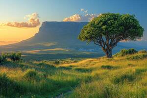 A serene landscape featuring a large tree and a mountain during sunset. photo