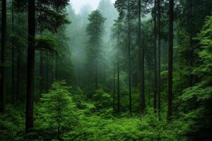 A misty forest scene with tall trees and lush greenery, evoking tranquility and nature's beauty. photo
