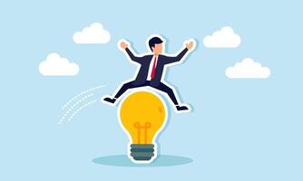 A businessman jumps over a light bulb, illustration of surpassing limits to create an innovative business vector