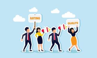 Several businessmen protest carrying boards with the words RATING and QUALITY, illustration of a demonstration demanding improvements in business product quality vector