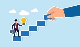 Businessman holding a lamp intending to climb stairs arranged by a hand, illustration of step-by-step business career growth fueled by creativity, ideas, and innovation vector