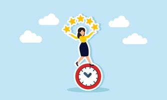 A businesswoman balances on a clock while juggling lights, illustration of a timeline in applying a business quality improvement strategy vector