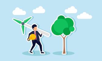 Businessman walking with a windmill and lamp towards a tree, illustration of business innovation in creating products with eco-friendly technology vector