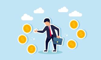 Businessman saluting several dollar coins surrounding him, illustration of happiness from multiple business projects that successfully boost business profits vector