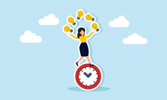 A businesswoman balances on a clock while juggling lights, illustration of a timeline in applying and implementing business ideas vector
