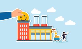 A happy emoticon placed in a factory produces dollar coins collected by a businessman, illustration of positive market sentiment boosting factory revenue vector