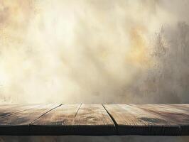 A wooden tabletop against a softly lit, textured background, ideal for product displays. photo