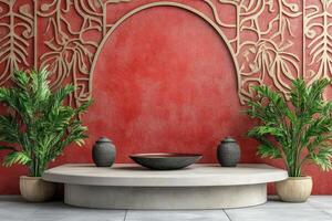 A modern interior with a red wall, decorative elements, plants, and a circular display. photo