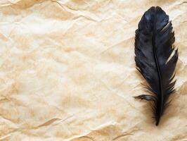 A black feather resting on crumpled parchment paper, evoking a sense of nature and creativity. photo