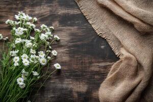 A rustic arrangement of white flowers beside a burlap cloth on a wooden surface. photo
