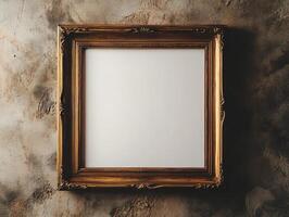 An empty ornate picture frame against a textured wall, inviting creativity or decoration. photo