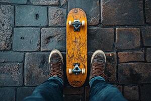A person standing on a skateboard on cobblestone pavement. photo
