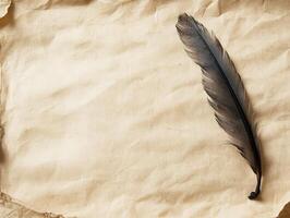 A black feather rests on crumpled parchment, evoking a sense of nostalgia and creativity. photo