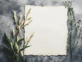 A blank sheet of paper surrounded by decorative plants on a textured background. photo