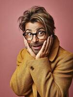A surprised man with glasses and tousled hair, wearing a yellow coat, posing against a pink background. photo