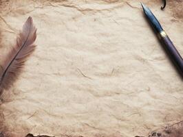 A vintage-style writing setup featuring parchment and a feather quill. photo