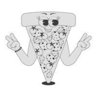 Funky pizza slice character with pepperoni, tomatoes, basil in trendy retro groovy style. Psychedelic fast food mascot with smiling face and hands. Flat in black monochrome palette vector