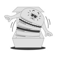 Funky burger character in retro groovy style. Psychedelic fast food mascot with face. Cool sticker in black monochrome vector
