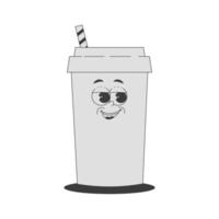 Funky drink glass character with straw in trendy retro groovy style. Psychedelic fast food mascot with face. Cool sticker in black monochrome palette vector