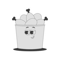 Funky character chicken thighs in box in trendy retro groovy style. Psychedelic fast food mascot with face. Cool sticker in black monochrome palette vector