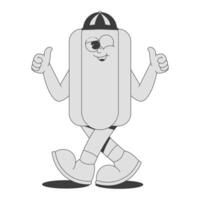 Funky hot dog character in baseball cap in retro groovy style. Psychedelic walking fast food mascot with face, hands and legs. sticker in black monochrome palette vector