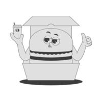 Funky burger character with drink in lunch box in trendy retro groovy style. Psychedelic fast food mascot with face and hands. Cool sticker in black monochrome palette vector