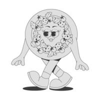 Funky round pizza character with pepperoni, tomatoes, basil in trendy retro groovy style. Psychedelic walking fast food mascot with face, hands and legs. Sticker in black monochrome palette vector