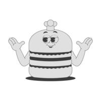 Funky burger character in trendy retro groovy style. Psychedelic fast food mascot with face. Cool sticker in black monochrome vector