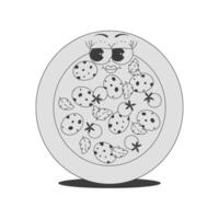 Funky round pizza character with pepperoni, tomatoes, basil in trendy retro groovy style. Psychedelic fast food mascot with face. Flat sticker in black monochrome palette vector
