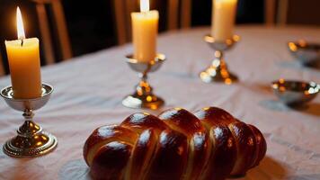 Challah Bread Close-Up Scene with Candles and Elegant Table Setting video