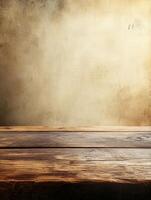 A rustic wooden table against a textured wall, ideal for backgrounds or product displays. photo
