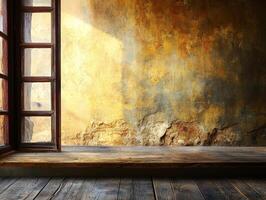 A rustic interior with a wooden window and textured walls, creating a warm atmosphere. photo