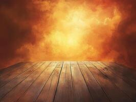 A wooden surface against a dramatic, fiery sky backdrop, suggesting warmth and energy. photo
