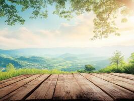 Scenic landscape with a wooden platform overlooking rolling hills and a bright sky. photo