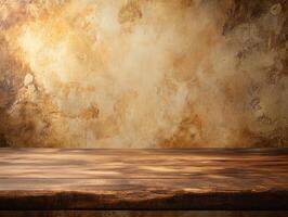 A textured wooden surface against a warm, abstract background, ideal for product displays. photo