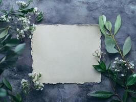 A blank textured paper surrounded by green leaves and small flowers on a dark background. photo