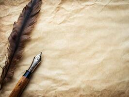 A vintage-style writing setup with a feather quill and ink pen on textured paper. photo
