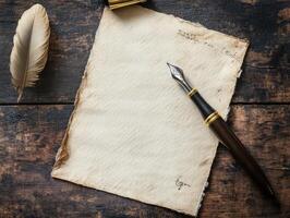 A vintage writing setup with a feather quill, ink pen, and blank parchment on a wooden surface. photo