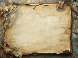 A textured, aged parchment surrounded by dried leaves, ideal for crafting or invitations. photo