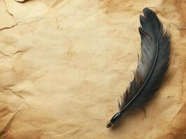 A black feather quill rests on aged parchment, symbolizing writing and creativity. photo