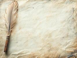 A vintage quill pen rests on an aged, crumpled parchment, evoking a sense of history and writing. photo