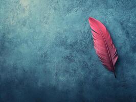 A vibrant pink feather rests on a textured blue background, creating a striking visual contrast. photo