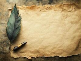 A feather quill and ink pen on crumpled parchment, evoking a vintage writing theme. photo