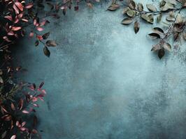A textured blue background adorned with leaves in shades of green and red, ideal for design. photo
