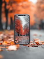 A smartphone displaying a vibrant autumn scene amidst fallen leaves. photo
